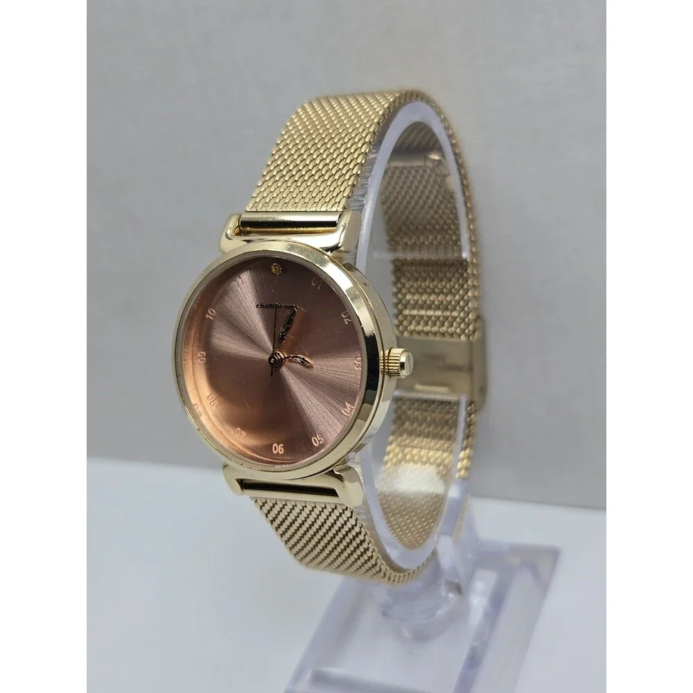 Chilli Beans Mae Natureza Womens Pink Dial Gold Tone Mesh 29mm Watch New Battery